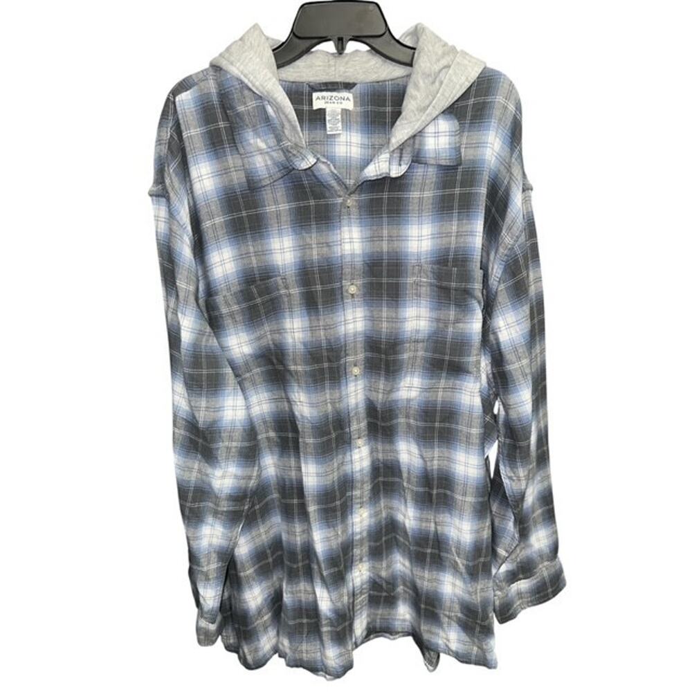 Arizona Jean Co 4XL Hooded Shirt Blue Gray Plaid Flannel Pockets Comfort Hoodie